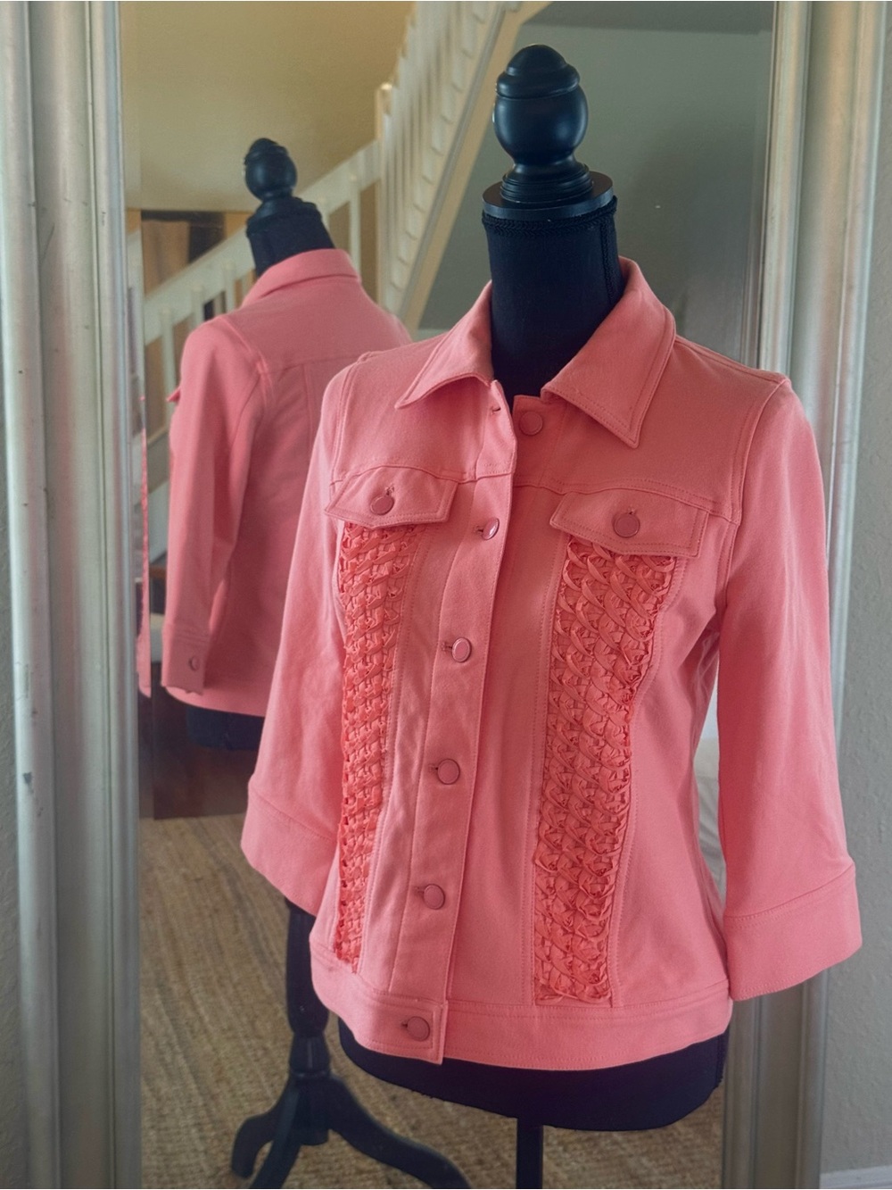 Isaac Mizrahi Coral Pink Detailed Panel Knit Jacket
